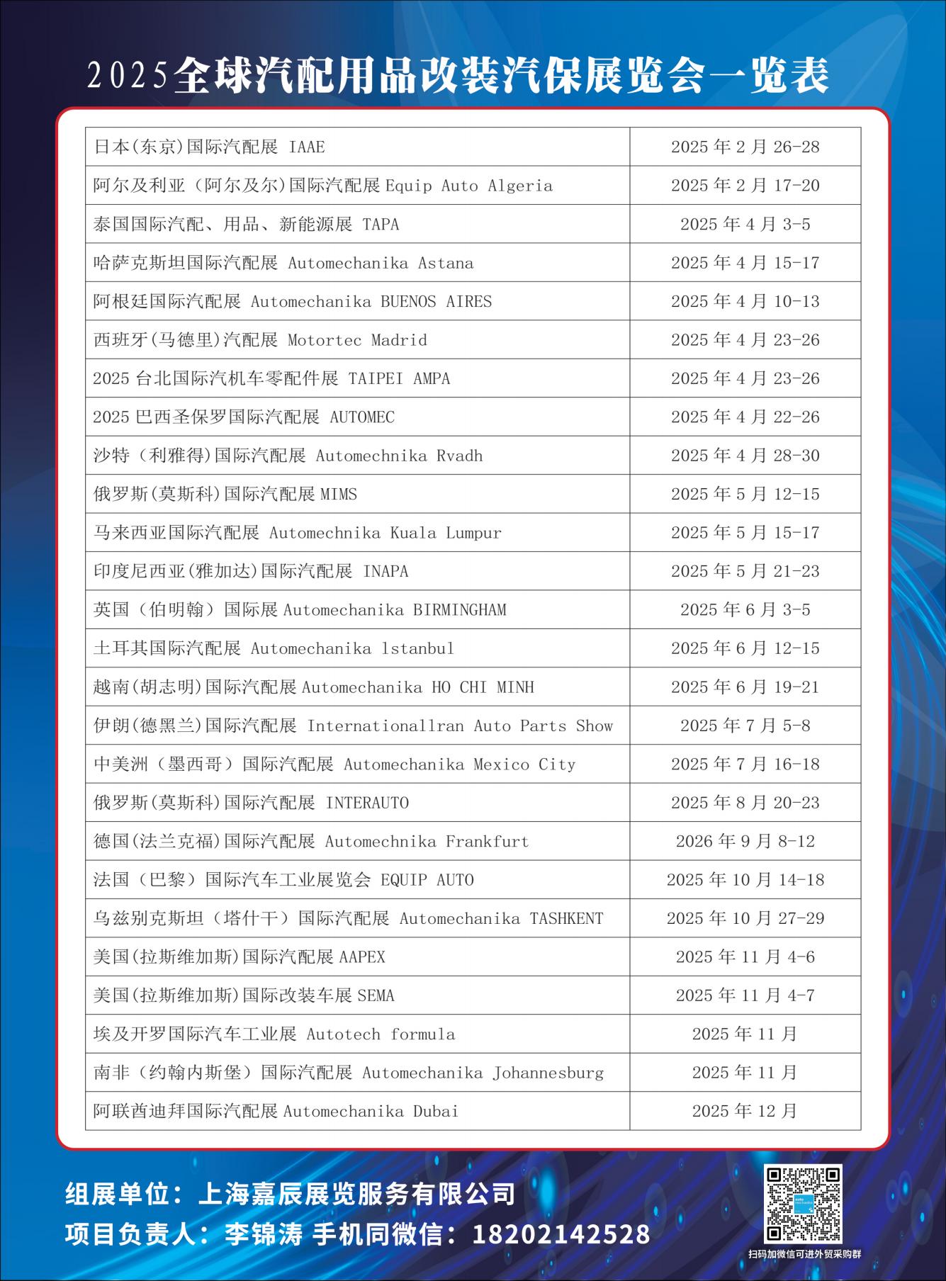 2025海外汽配展会时间表